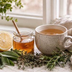 Kr&auml;uter und Teetasse auf dem Tisch