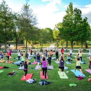 Yoga &Uuml;bende auf einer Wiese